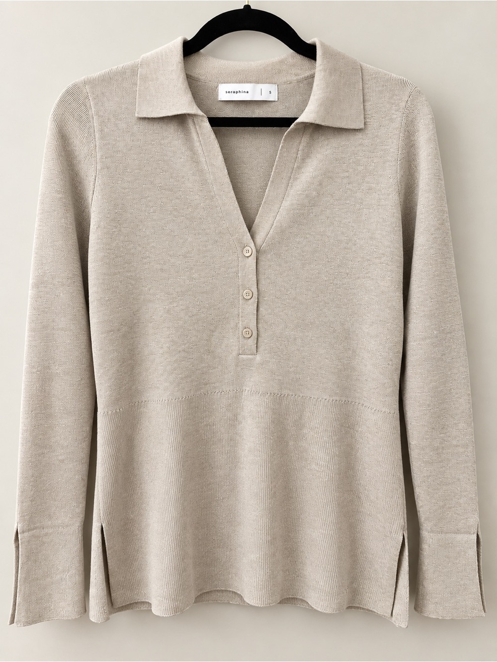 🤎 Seraphina Beige Taupe Collared Henley Knit Sweater – Size S